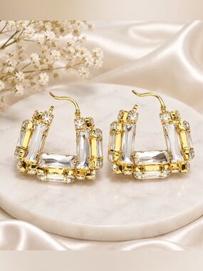Gold Geometric Crystal Hoop Earrings | Baguette Rhinestone Statement Earrings |